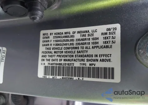 2020 Honda Cr-V Hybrid Ex-L z USA, uszkodzony, nr VIN 7FART6H88LE016372